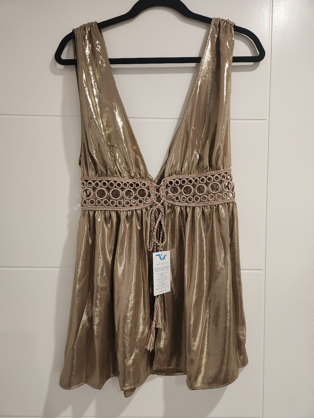 My Beach Side NWT Shimmery Gold  V-Neck Dress with Crochet Waist Tie